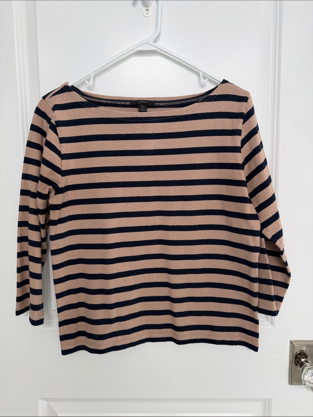 J. Crew Striped Boatneck Long Sleeve Top in Beige and Navy
